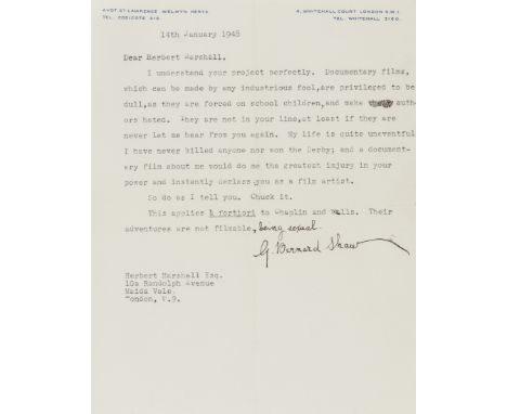 Shaw (George Bernard, playwright and polemicist, 1856-1950) Collection of Letters signed and Postcards signed to Herbert Mars