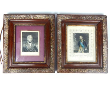 A pair of antique framed and glazed prints of Admiral Horatio Nelson in carved and gilded, burr-walnut veneered frames, (one 