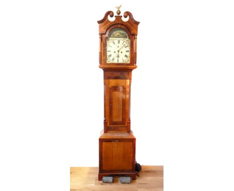 19thC longcase clock by Hayes of Stamford c1850, 12" painted face with stately home and rose decoration, two dials & Roman nu