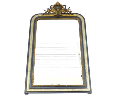 A  19th / early 20th century Empire style black and gilt painted pine hanging wall mirror, pierced shell and floral decoratio