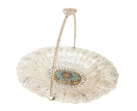 Silver filigree basket with Russian enamel panel to the centre, 27cm long, 24cm high (handle upright)