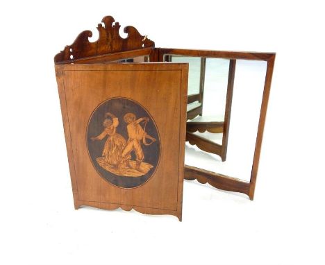 A 19th century French walnut inlaid triptych dressing table mirror, inlaid with panels of classical figures, 45cm high