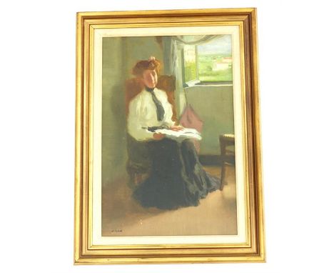 Pierre Adolphe Valette (1876-1942, French), a portrait of an unknown  seated woman wearing a white blouse with a black skirt,
