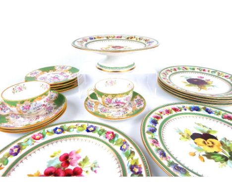  A C19th hand painted porcelain dessert service comprising a tazza and six plates, decorated with flowers to the centre, with