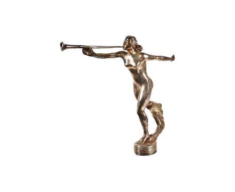 An Art Deco Car Mascot, in the form of a Nude with a Trumpet, stamped 'R//D' to the back, 16cm H