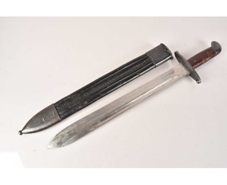 A Brazilian M1908 Artillery Short Sword, having single fullered, single edged 40cm long blade, complete with scabbard, no pos