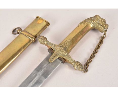 A Unit Marked Indian Cavalry Sword, having tiger pommel, with chain guard, brass grip with Crown marked cross guard, the bras