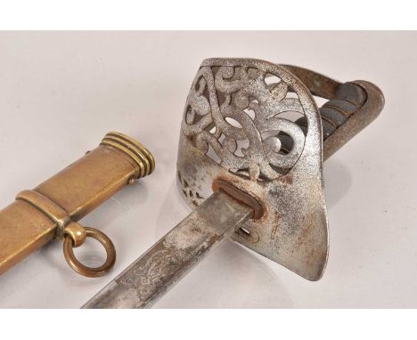 A Victorian British Officer's Sword, having London Made, etched blade, with initials 'WKB', with pierced hand guard, with fis