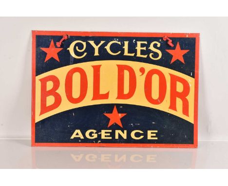 A vintage Bold'or Cycles Agence sign, marked 'NEUHAUS Imp 12 R.de Lorraine, PARIS' to the lower right, 33cm x 48cm