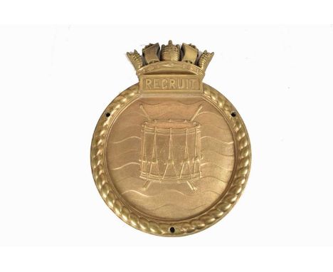 HMS Recruit, a very large cast metal plaque/tampion, for the Royal Navy R-Class Destroyer, having relief of a Marching Drum, 