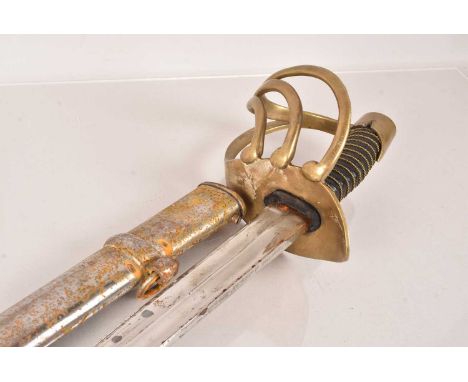 A Reproduction French Cavalry Sword, having double fullered blade, with inscription to the spine, brass hand guard, with scab