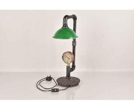 A 'Lancaster' Industrial Style Table Lamp, having large cog style base, with pipe framed and PSI Gauge design, complete with 