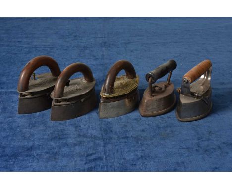 Five Vintage Box Irons, including C.H.Crane, two Kenrick & Sons, and two early 20th Century examples (parcel)