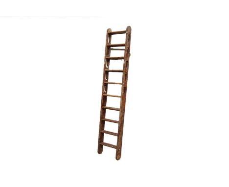 A 1950s wooden Ship Ladder off of a Ton-Class Sweeper, the vertical ladder with twin rungs, 228cm H.