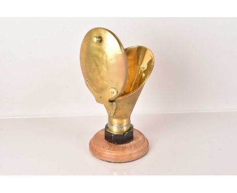 A Vintage Ship's Brass and Copper Speaking Tube end, mounted on to a wooden stand to form a desk/shelf display