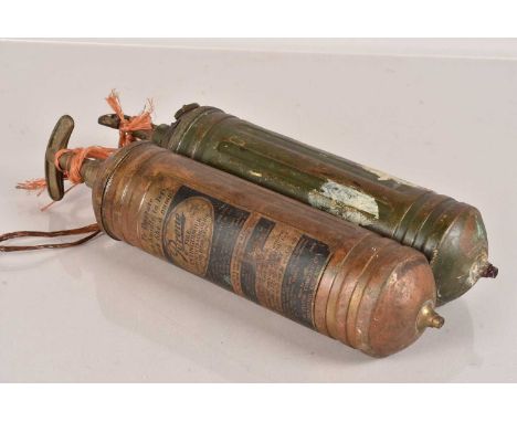 Two Vintage Pyrene Fire Extinguishers, one in green and without label (2), unable to post this Lot, collection only from buye