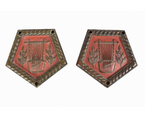 HMS Calliope, two heavy metal plaques/badges, for the Royal Navy C-Class Light Destroyer, cast with relief of a musical instr