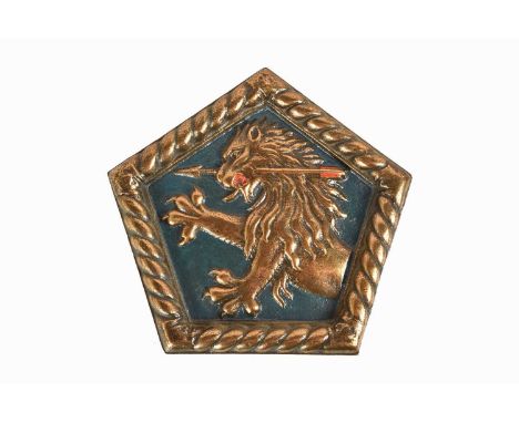 A Ship's Plaque/Tampion, heavy metal, with relief of lion and arrow, with pentagon rope border, 17.5cm, 1.8kg