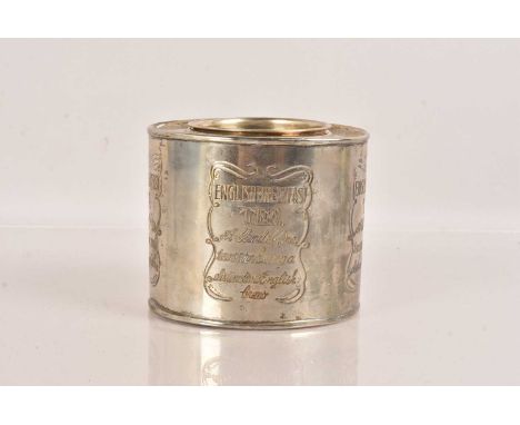 English Breakfast Tea, a vintage plated white metal tea caddy for 'English Breakfast Tea', oval in shape with debossed design