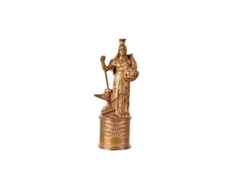 A Vintage Bronze Car Mascot of Britannia,  by All British Campaign Britannia standing on plinth with text 'I Have Resolved To