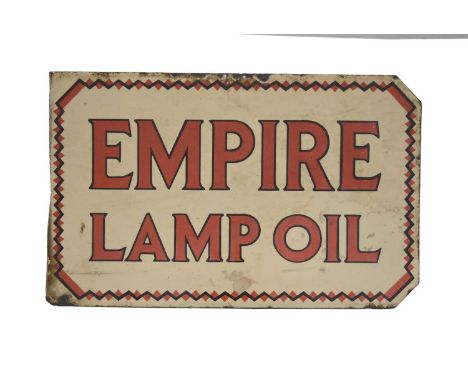 Empire Lamp Oil, double sided enamel sign, having hanging holes to the middle of the top edge, with shaped corners to one end