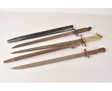 A 1907 Pattern Bayonet and Scabbard by Sanderson, together with another similar, missing grip and a reproduction side arm (3)