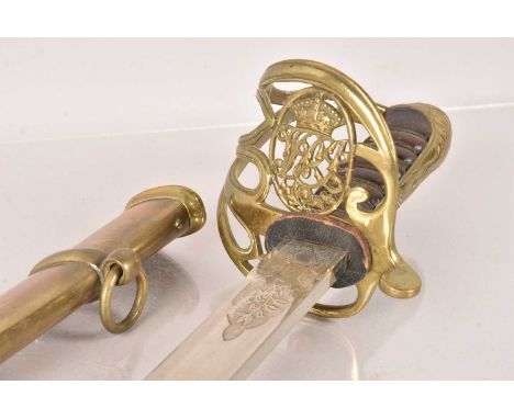 An 1845 Pattern British Colonial Infantry Style sword, having etched single fullered blade, with brass guard, having VR ciphe