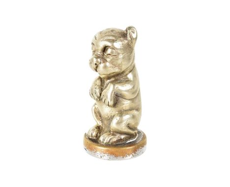 Bonzo Car Mascot, a vintage white metal plated, heavy brass mascot by 'JAS' (stamped to base), Bonzo in the begging position,