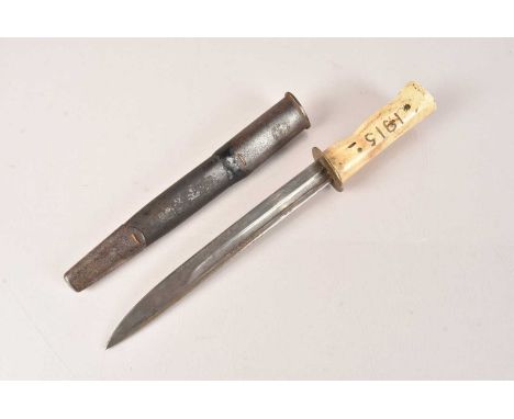 A WWI Converted Trench Fighting Knife, having bone handle, engraved '1915' and ANZAG', complete with scabbard, no postage for