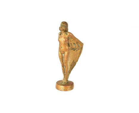 A Bronze Figural Car Mascot, in the form of a nude female with outstretched arms holding a robe, 15.5cm H