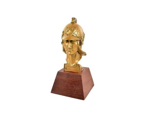 A Minerva Car Mascot by Pierre De Soete, the bronze mascot depicting the Goddess with Helmet, having PD and an acorn stamped 