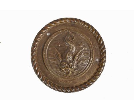 HMS Telemachus, a heavy metal plaque/tampion, For the WWI Royal Navy R-Class Destroyer, with relief of Mythical Sea Creature,