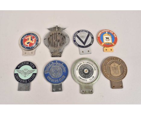 A group of eight  Car badges, to include, Daimler & Lanchester Owners Club, Morris Bullnose Club, Austin Ten Drivers Club, Mo