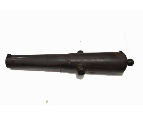 A Victorian Black Powder Cannon, having Crowned VR cipher to the top, marked with a Broad Arrow and 3-8, the barrel is rifled