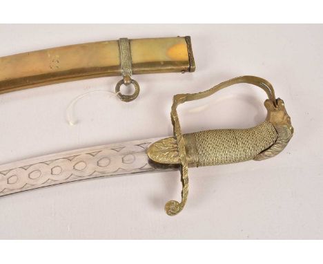 A British Yeomanry Style Cavalry Sword, having large 72cm long curved blade, with decorations, horse head pommel, with wire g