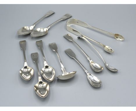 Five George III Silver Teaspoons together with three mustard spoons, a small silver ladle and a pair of silver sugar tongs 