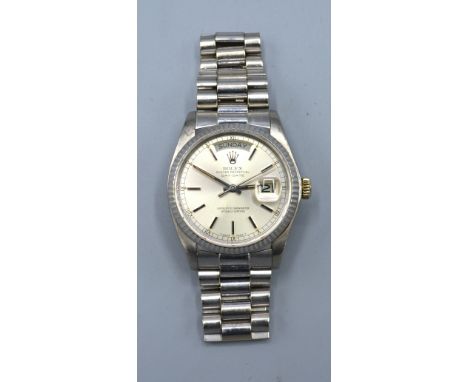 A Rolex 18ct. White Gold Oyster Perpetual Day Date Superlative Chronometer Gentleman's Wrist Watch Model number 18039 Serial 