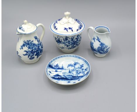 An Early Caughley Covered Pot together with a first period Worcester covered jug, another similar smaller jug and a Worcester