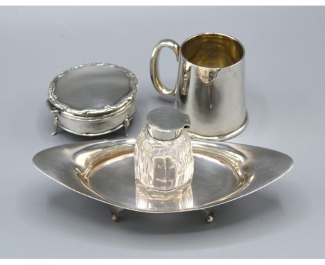 An Edwardian Silver Ink Stand with glass inkwell together with a Birmingham silver jewellery casket and a Birmingham silver s
