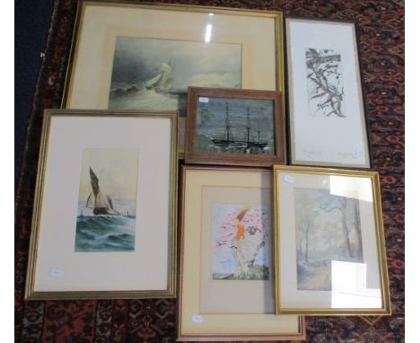 A COLLECTION OF PICTURES, SOME OF A NAUTICAL THEME including watercolours, and a naive painting on panel of a ship 
