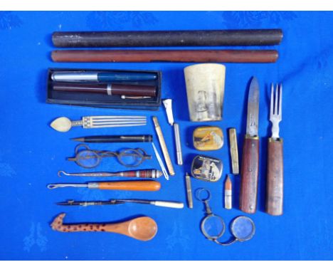 A CAMPAIGN KNIFE AND FORK, A PAIR OF GEORGIAN SPECTACLES and other small collectibles