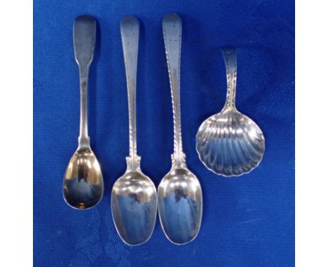 A BRIGHT-CUT SILVER TEASPOON BY HESTER BATEMAN a bright-cut caddy spoon, and two other silver spoons