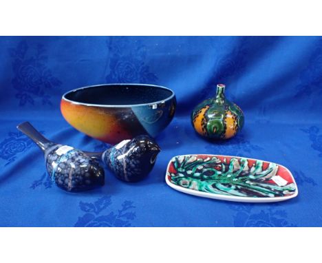 A POOLE POTTERY 'FLARE' ASYMMETRICAL BOWL with a Poole Pottery vase and a Delphis dish with two similar (unmarked) ceramic bi