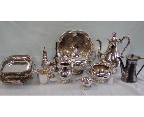 A PLATED TEA SERVICE WITH OTHER PLATED WARES including serving dishes, a salver, jugs and a sucrier