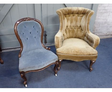 A BUTTON-BACK ARMCHAIR, WITH IRON FRAME upholstered in gold velvet, and a Victorian show-wood frame parlour chair (2)