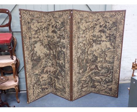 A FOUR-PANEL UPHOLSTERED SCREEN covered in tapestry material, each panel, 58 x 184cm