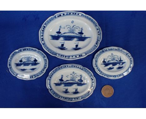 FOUR CAUGHLEY (SALOPIAN) TOY OR MINIATURE MEAT PLATES in the Island pattern, marked 'S', circa 1780, 7cm (2), 8cm, and 10.5cm