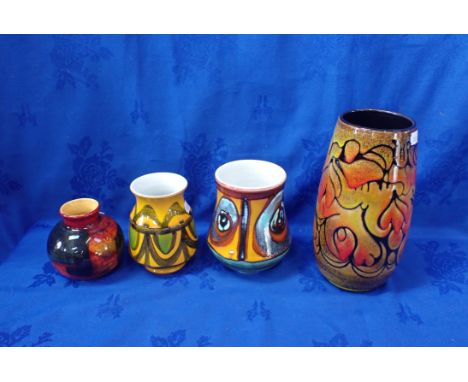 FOUR POOLE POTTERY VASES Delphis, Agean and another, the tallest 23cm