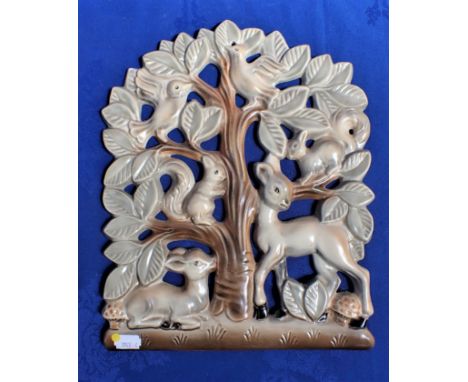 A POOLE POTTERY WALL PLAQUE, CAST WITH A TREE AND ANIMALS 32 x 26cm
