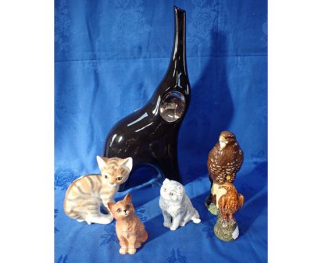 A MODERN CERAMIC STYLISED ELEPHANT, A WORCESTER 'BLUE PERSIAN' kitten, Doulton buzzard flask, U.S.S.R cat and other items